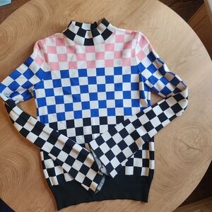 House of Holland Checkered Turtleneck Sweater in Pink, Blue, and Black